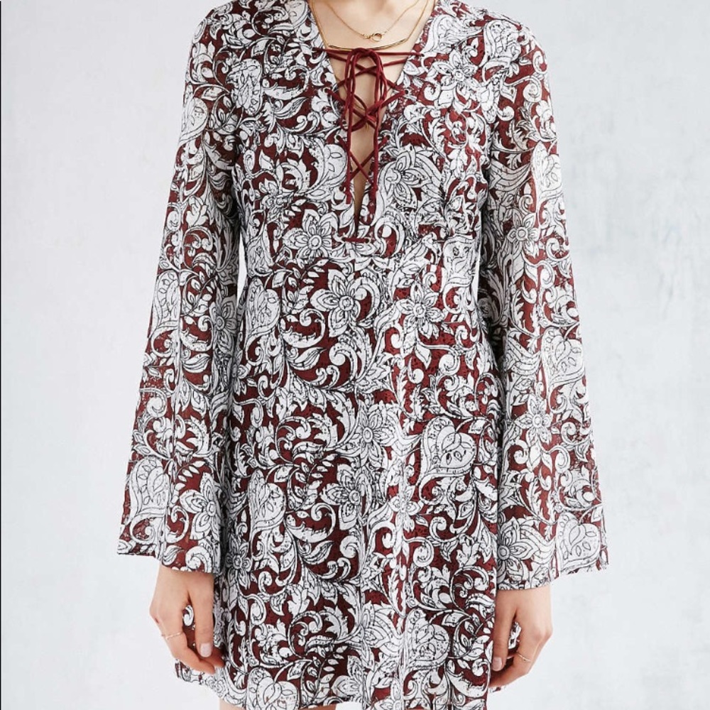 Ecote Printed Lace-up Mini Dress in Brown